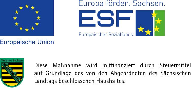 Förderlogos von Europäischer Union, Europäischem Sozialfonds und Freistaat Sachsen mit Hinweis auf öffentliche Mitfinanzierung.